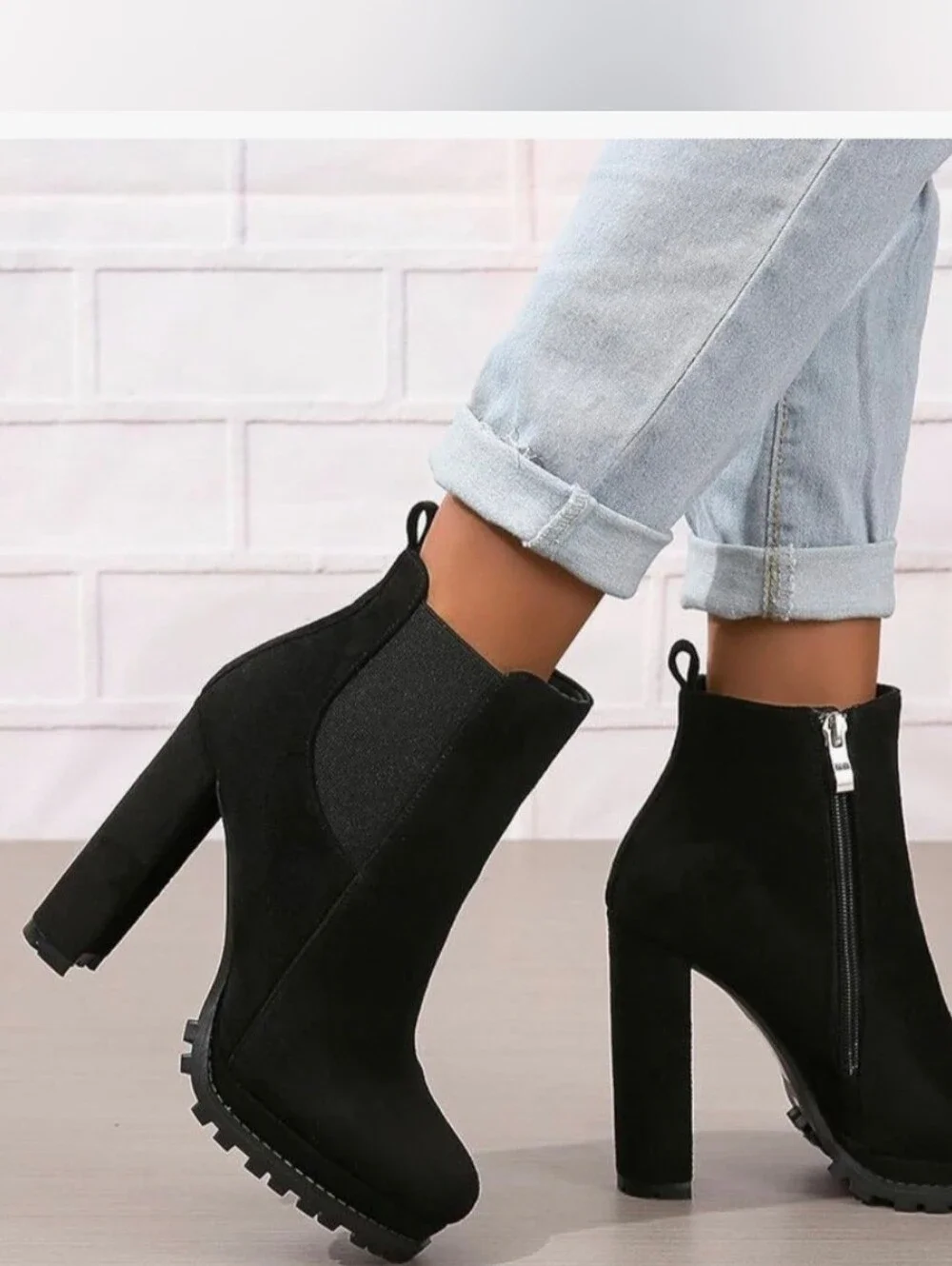 NIB Platform Chunky Block Heel Lug Sole Chelsea Boot | Black Suede | 8